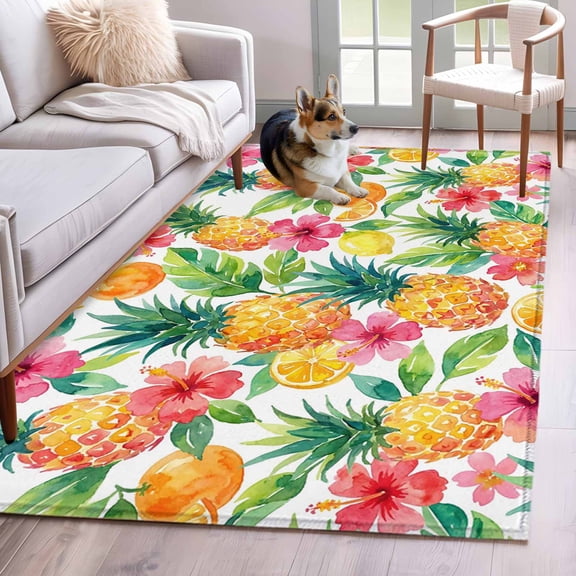 Pineapple Lemon Area Rugs 4x6 ft Watercolor Summer Fruits Floral Washable Rug Non Slip Indoor Carpet Absorbent Floor Mat for Living Room Bedroom Dining Room