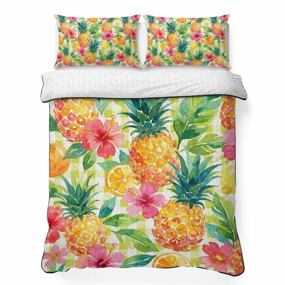 Pineapple Lemon California King Quilt Bedding Set, Watercolor Summer Fruits Floral Green Plaid Lightweight Comforter with 2 Pillow Shams Bedroom Bedspread Set Home Decor for All Seasons