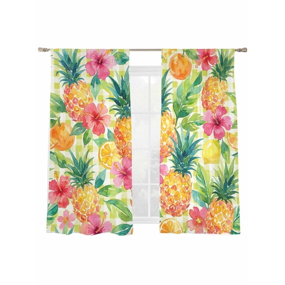 Pineapple Lemon Sheer Curtains 2 Panels Set Watercolor Summer Fruits Floral Green Plaid Sheer Window Curtains Light Filtering Rod Pocket Voile Drapes for Bedroom Living Room 52"x63"