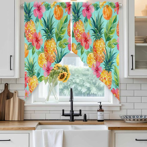 Pineapple Lemon Swag Curtain Valance for Windows, Watercolor Summer Fruits Floral Teal Window Treatments Short Swag Topper for Kitchen Windows Bathroom Bedroom, 28"x36"