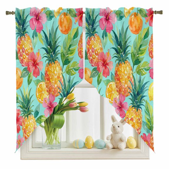 Pineapple Lemon Swag Kitchen Curtain Valances, Watercolor Summer Fruits Floral Teal Rod Pocket Curtains Window Treatment Decor Valances for Bedroom Bathroom, 2 Panels 36 x 36 Inch