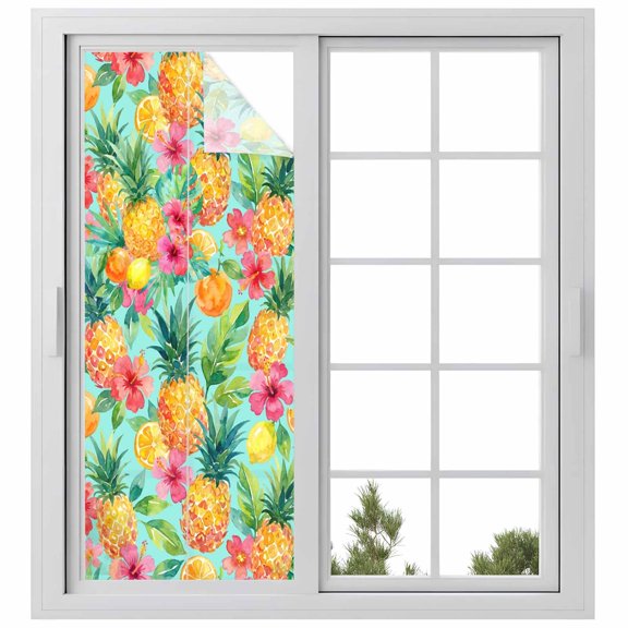 Pineapple Lemon Window Privacy Film, Watercolor Summer Fruits Floral Teal Frosted Glass Window Clings Static Cling UV Heat Blocking Reusable Door Sticker for Bathroom 23.6 x 59 Inch