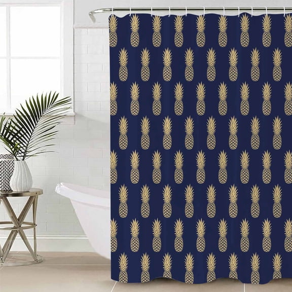 Pineapple Long Shower Curtain Set, Waterproof Shower Curtains for Bathroom, Yellow Fruit Navy Blue Summer Tropical Washable Fabric Cloth Bath Curtain for Bathtub Decoration with Hooks 72x84 Inches