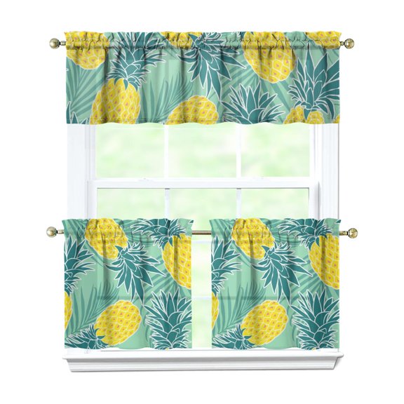 Pineapple Lover Kitchen Curtains Set - 3 PCS Hawaiian Tropical Tier Curtains & Valance, Fresh Exotic Fruit Print, Semi-Sheer Farmhouse Window Treatment