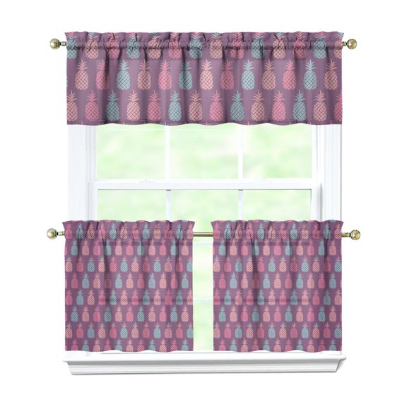 Pineapple Lover Kitchen Curtains Set - 3 PCS Hawaiian Tropical Tier Curtains & Valance, Fresh Exotic Fruit Print, Semi-Sheer Farmhouse Window Treatment