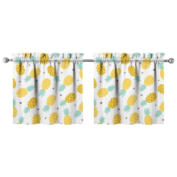 Pineapple Lover's Kitchen Curtains Set of 2 - 27.5W x 24L Inch Hawaiian Tropical Print Tier Panels, Sunshine & Flowers Aesthetic, Rod Pocket Short Cafe Curtains