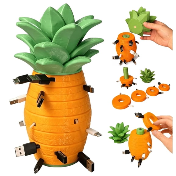  Pineapple Modular Cable Organizer, 7 Stackable Cable Winder Discs | Storage Holder with Removable Winding Discs, Magnetic Leaf Top, Twist Winding, Playful Desktop Decor