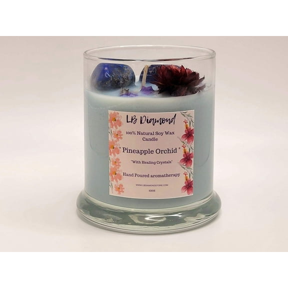 Pineapple Orchid Natural Soy Wax Candle Highly Scented with Lapis Lazuli Crystals