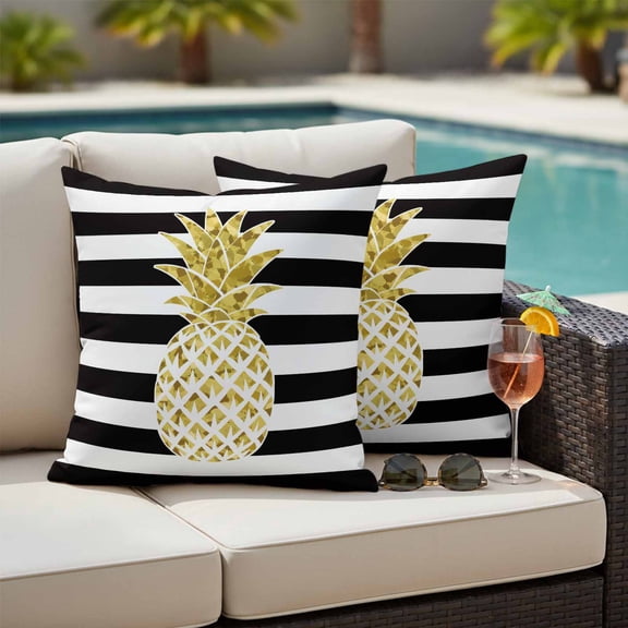 Pineapple Outdoor Pillow Covers 24x24 Inch Throw Pillow Covers Set of 2 Waterproof Decorative Pillow Cases Modern Abstract Fruits Black White Stripe Cushion Covers for Patio Furniture Garden Couch