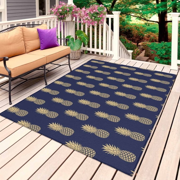 Pineapple Outdoor Rug for Patio/Deck/Porch, Non-Slip Large Area Rug 5 x 7 Ft, Yellow Fruit Navy Blue Summer Tropical Indoor Outdoor Rugs Washable Area Rugs, Reversible Camping Rug Carpet Runner