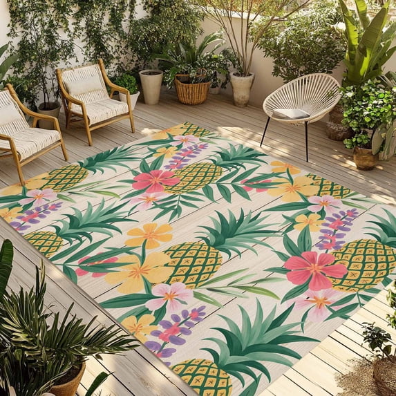 Pineapple Outdoor Rug for Patio/Deck/Porch, Non-Slip Large Area Rug 6 x 9 Ft, Farmhouse Fruit Flowers Leaves Wooden Grain Indoor Outdoor Rugs Washable Area Rugs, Reversible Camping Rug Carpet Runner