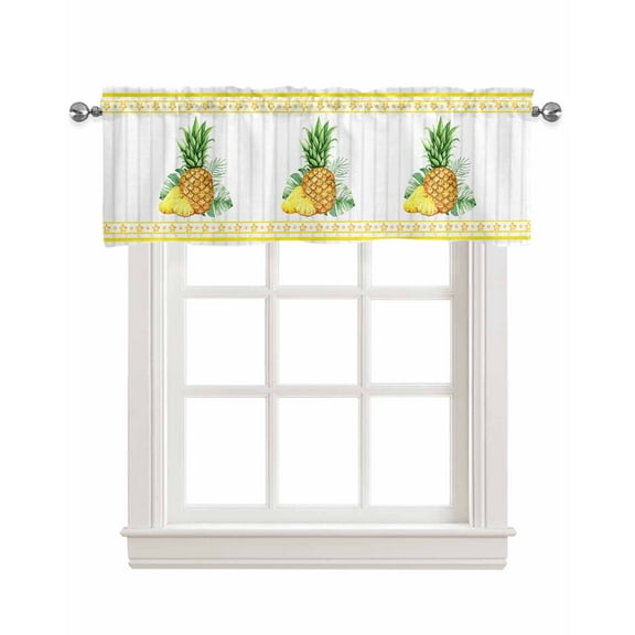 Pineapple Palm Leaves Linen Curtain Valance for Bedroom/Bathroom/Kitchen/Office/Living/Dining Room Windows,Tropical Summer Fruit Grey Stripe Pocket Topper Drapes Decorative Cafe Drapery Panel 54x18