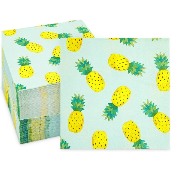 Sparkle and Bash Pineapple Cocktail Napkins - 5 x 5 In Folded, 3-Ply, Yellow, Pack of 100 - Absorbent & Tear-Resistant Paper Cocktail Napkins for Drinks & Appetizers - Tropical Party Supplies