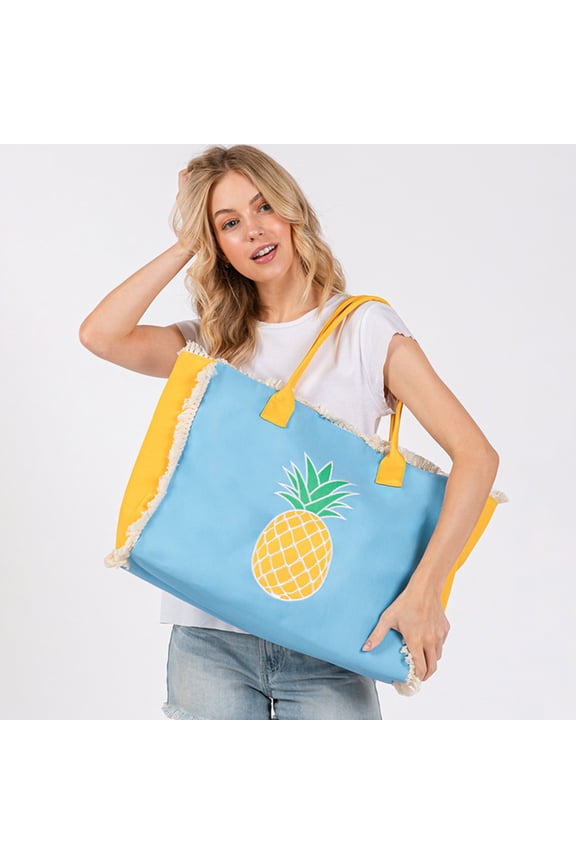 Pineapple Patch Embroidered Fringe Tote Bag / Beach Bag
