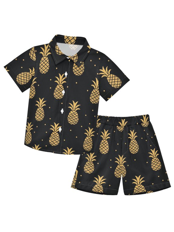 Pineapple Pattern Boys' Hawaiian Shorts Sets Button Down Shirts 3T-10Y for Beach Vacation