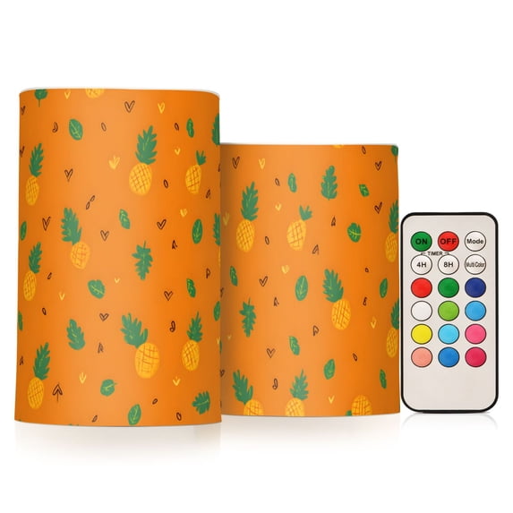 Pineapple Pattern Flameless LED Candle Set with Remote, Battery Operated Color Changing Pillar Candles, Set of 2