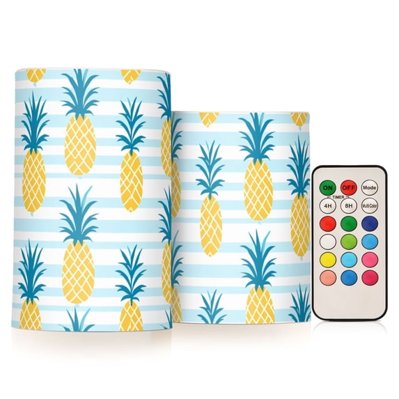 Pineapple Pattern Flameless LED Candle Set with Remote, Battery Operated Color Changing Pillar Candles, Set of 2