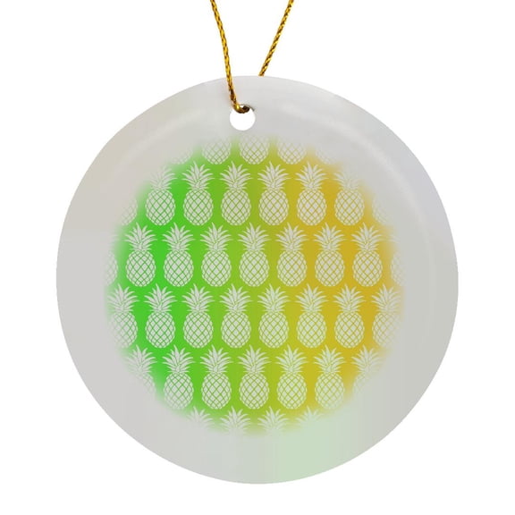 3drose, Pineapple Pattern in White over Green and Yellow, Circle Porcelain Ornament