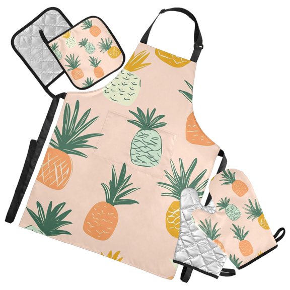 Pineapple Pattern on Peach Background Oven Mitts and Pot Holders with Chef Apron Set 5 Pcs Kitchen Cooking Set