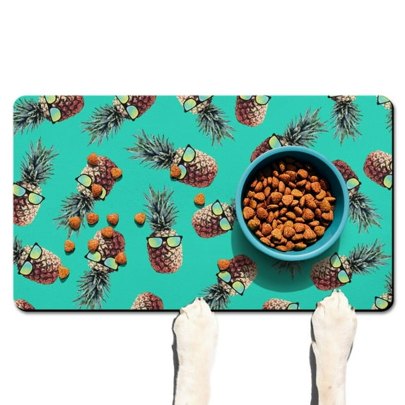 Pineapple Pet Feeding Mat, Durable Waterproof Dog Food Mat with Exotic Tropical Fruit Pattern, Absorbent, Non-Slip, Quick Dry, Washable, Easy Clean Mat