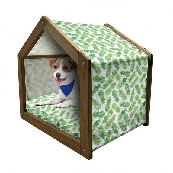 Pineapple Pet House, Ombre Watercolor Scattered Pineapples in Different Directions on Plain Pattern, Outdoor & Indoor Portable Dog Kennel with Pillow and Cover, 5 Sizes, Green White, by Ambesonne