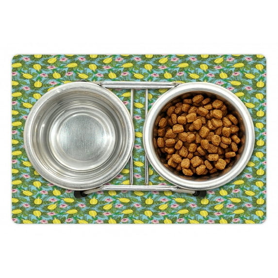 Pineapple Pet Mat for Food and Water, Hawaiian Nature Theme with Pale Pink Hibiscus and Pineapples Among Green Leaves, Non-Slip Rubber Mat for Dogs and Cats, 18" X 12", by Ambesonne