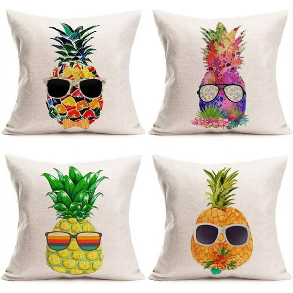 Pineapple Pillow Covers 18x18 Inch Set of 4 Summer Watercolor Pineapple Wears Glasses Pattern Pillows Decorative Cushion Cover Cotton Linen Tropical Fruit Pillow Case Decor (Pineapple Set)