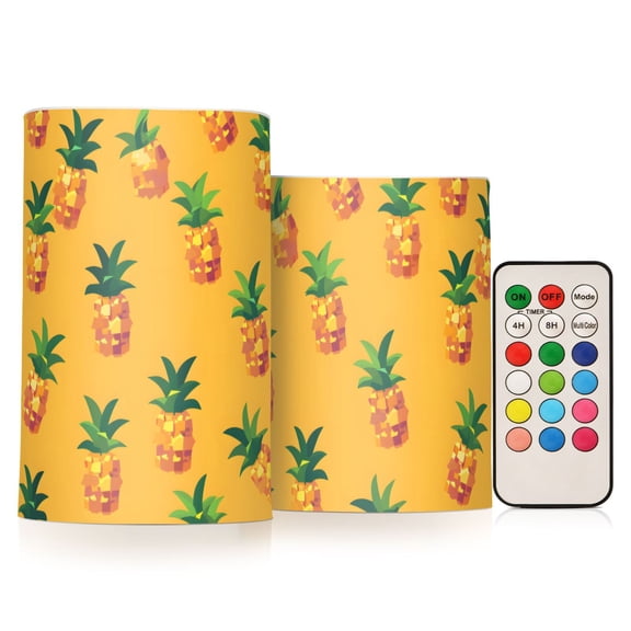 Pineapple Pixel Flameless LED Candle Set with Remote, Battery Operated Color Changing Pillar Candles, Set of 2