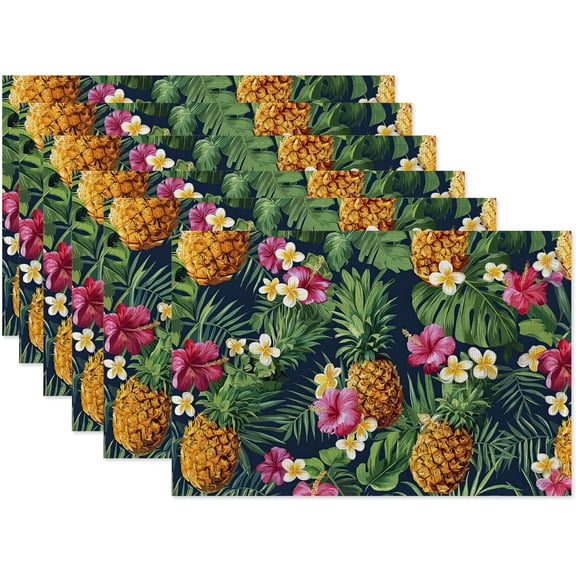 Pineapple Placemat Set of 6,Palm Leaf Hibiscus Heat Resistant Linen Table Mats for Indoor Outdoor Home Kitchen Dining Room Table 12x18Inch