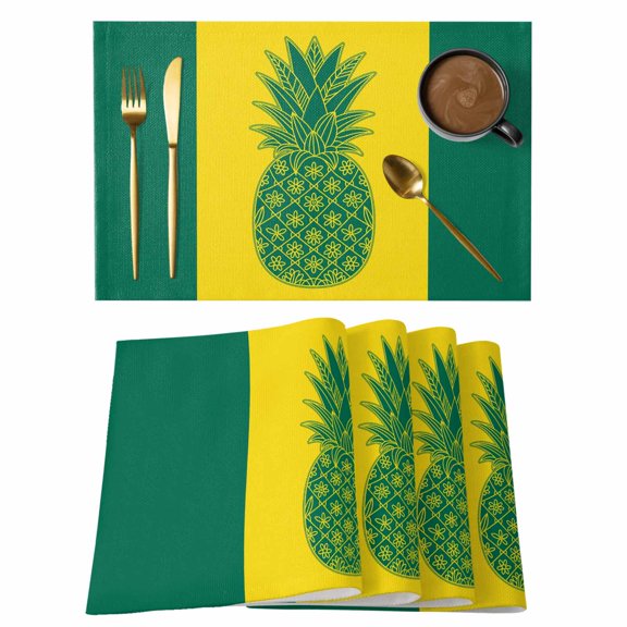 Pineapple Placemats Set of 12 Boho Tropical Dark Green Yellow Stripe Summer Place Mats Indoor Wipeable Table Mats Washable Cloth Dining Table Placemats for Kitchen Holiday Party Home Decor 13x19 Inch