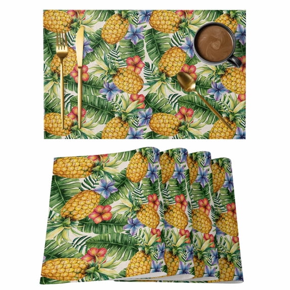 Pineapple Placemats Set of 12 Tropical Plants Flowers Fruit Watercolor Place Mats Indoor Wipeable Table Mats Washable Cloth Dining Table Placemats for Kitchen Holiday Party Home Decor 13x19 Inch