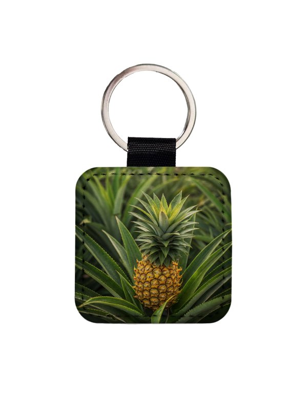 Pineapple Plant Faux Leather Square Keychain