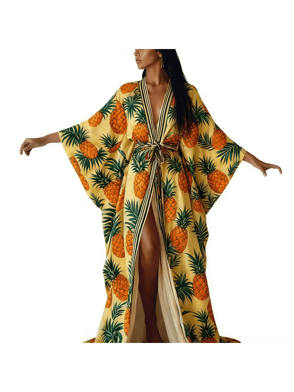 Pineapple Print Kimono Robe, Women's Yellow Tropical Fruit Print Open Front Maxi Kaftan