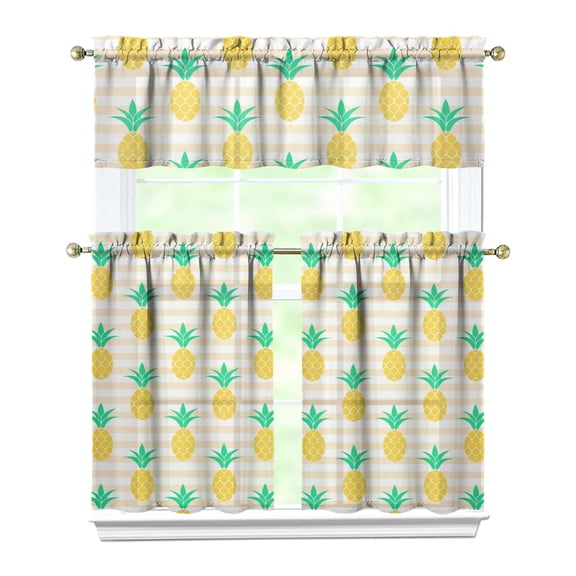 Pineapple Print Kitchen Curtains 3-Piece Set - Yellow Golden Tropical Valance & Tier Panels with Rod Pocket for Small Windows