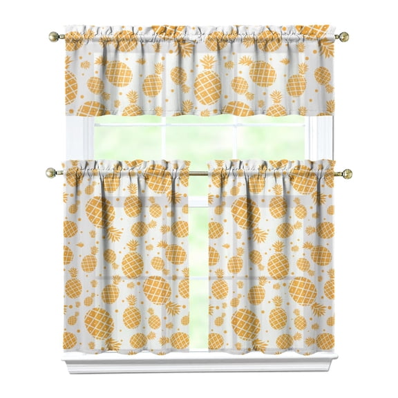 Pineapple Print Kitchen Curtains Set Tier and Valance, Hawaiian Tropical Fruit Pattern Window Drapes, Yellow Golden Aesthetic Light Filtering Curtains for Summer Sunshine Decor