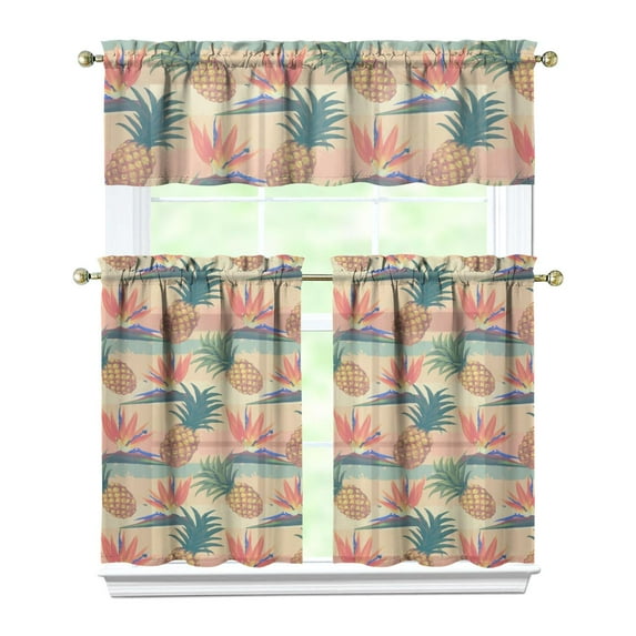 Pineapple Print Kitchen Curtains Set Tier and Valance, Hawaiian Tropical Fruit Pattern Window Drapes, Yellow Golden Aesthetic Light Filtering Curtains for Summer Sunshine Decor
