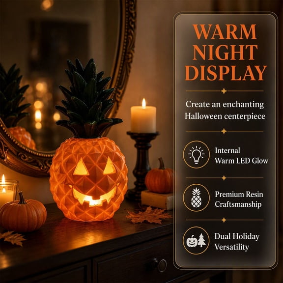 Pineapple Pumpkin Light - Resin lantern is textured. Built-in LED candle casts a warm glow for Coffee Table, Window, and Halloween Decor