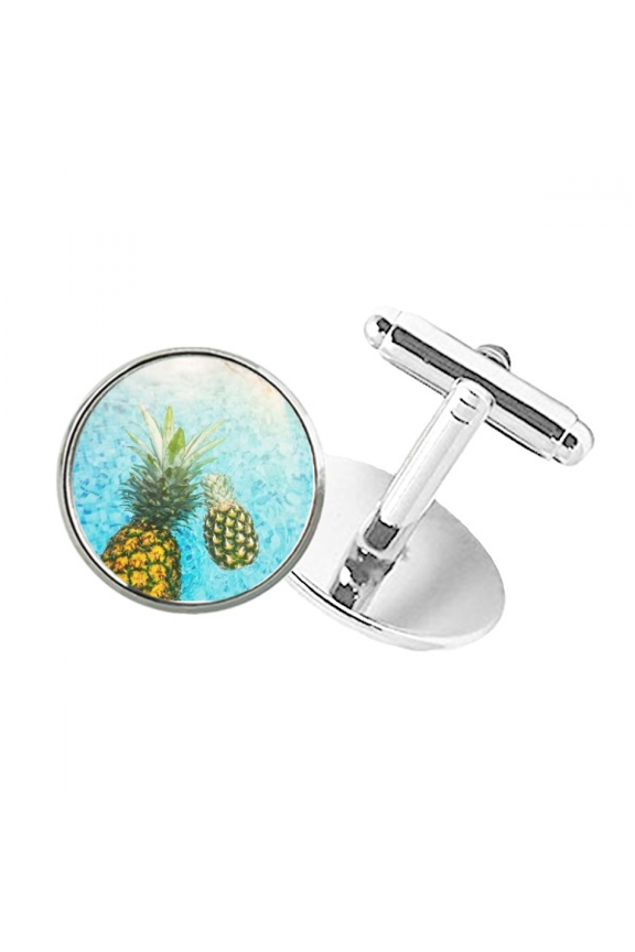 Pineapple Red Fruits Picture Blue Water Round Button Cuff Clip Stud Cufflinks