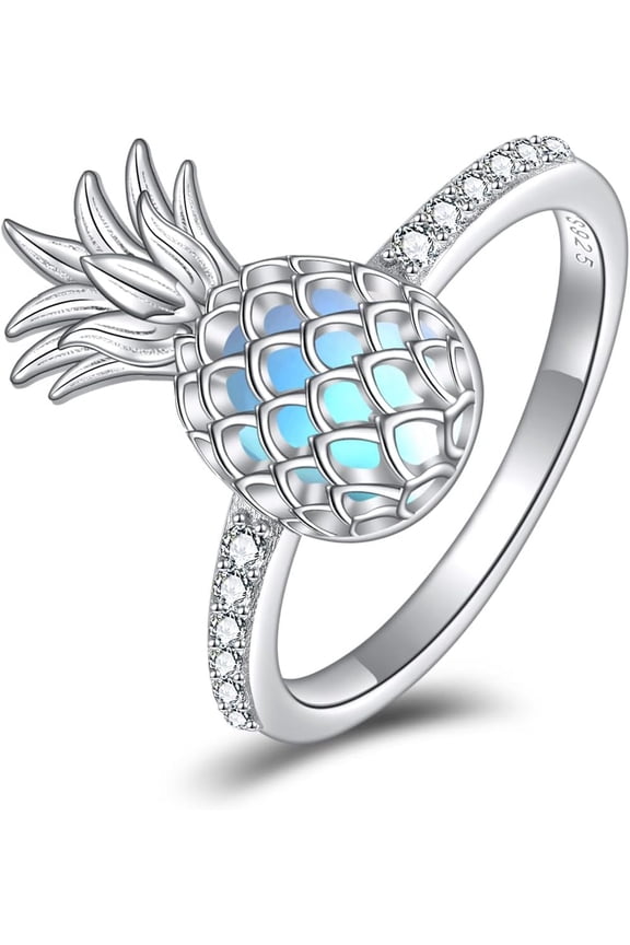 Pineapple Ring 925 Sterling Silver Pineapple Fruit Rings Size 8 with Moonstone Fashion Prom Stackable Band Jewelry Gifts for Women