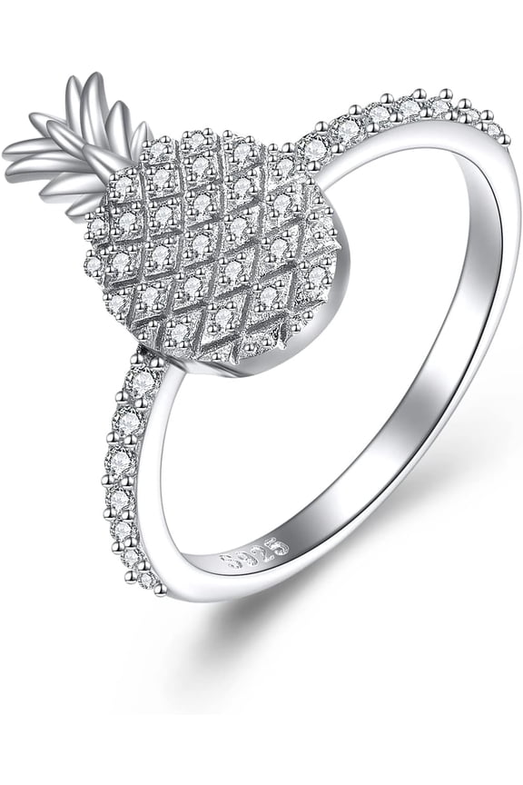 Pineapple Ring 925 Sterling Silver Stackable Fruit Rings Size 5 with Cubic Zirconia Fashion Vintage Retro Band Jewelry Gifts for Women