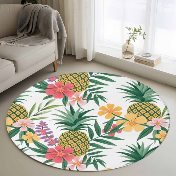 Pineapple Round Area Rug 3Ft Washable Small Circle Rugs for Kitchen Entryway, Summer Nature Tropical Fruit Flowers Leaves Non-Slip Carpet Floor Mats Indoor Outdoor Carpet Runner Aesthetic Home Decor