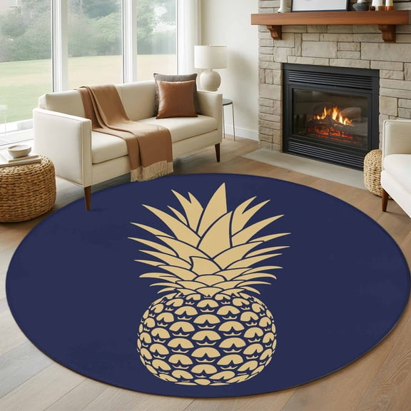 Pineapple Round Area Rug 5ft, Gold Yellow Navy Blue Tropical Fruit Summer Washable Non-Slip Circle Rugs for Bedroom Living Room Kitchen, Soft Low Pile Carpet for Dining Room Playroom Nursery