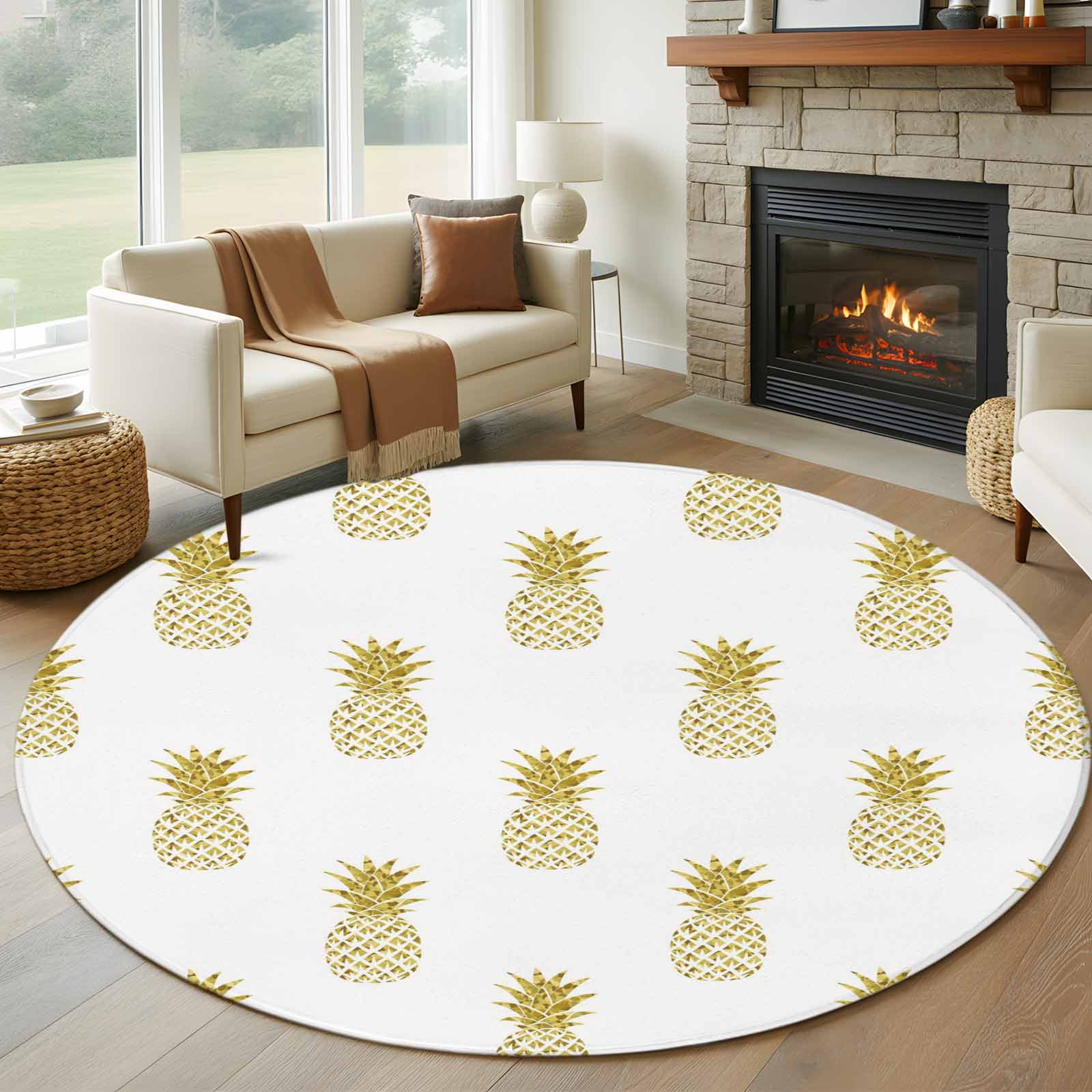 Pineapple Round Area Rug 6Ft Washable Circle Rugs for Bathroom Office, Modern Abstract Yellow Fruits Textured Non-Slip Carpet Floor Mats Indoor Outdoor Carpet Runner Aesthetic Home Decor