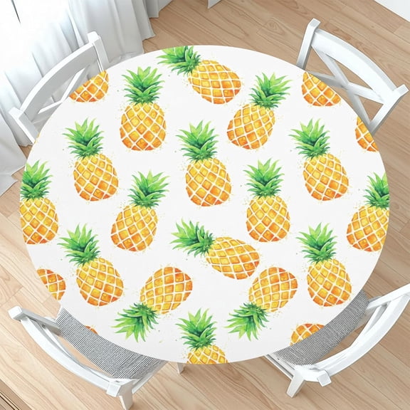 Pineapple Round Fitted Tablecloth with Elastic Summer Tropical Hawaiian Circle Table Cloth for 40-44" Tables Yellow Fruit Wipeable Washable Table Cover for Party Outdoor Dining Decorations