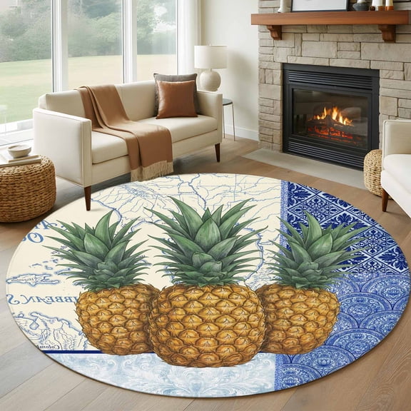 Pineapple Round Living Room Rugs 6 ft, Blue White Porcelain Vintage Map Summer Washable Area Rug with Non-Slip Sturdy Edge Binding Round Carpet for Kitchen Office Bedroom