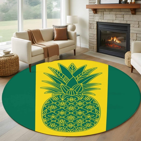 Pineapple Round Rug 5ft Washable Circle Kitchen Rugs Non Slip Boho Tropical Dark Green Yellow Stripe Summer Large Area Rug Indoor Floor Carpet for Bedroom Living Room Home Office Dining Room Nursery