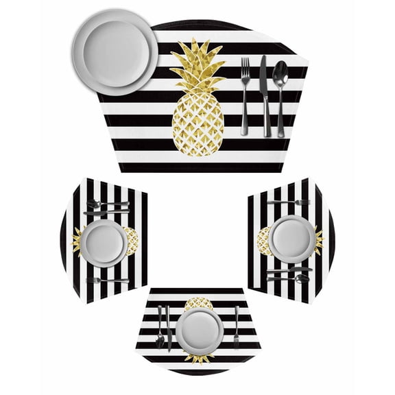 Pineapple Round Table Placemats Set of 2 Wedge Placemats, Modern Abstract Fruits Black White Stripe Place Mats for Dining Table Set Washable Mats Kitchen Decor for Indoor Outdoor Wipe Clean