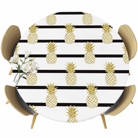 Pineapple Round Tablecloth, Fitted Table Cover with Elastic for 36"-44" Round Tables, Modern Abstract Yellow Fruits Stripes Table Cloth Outdoor Indoor Dinning Party Waterproof Tablecloths
