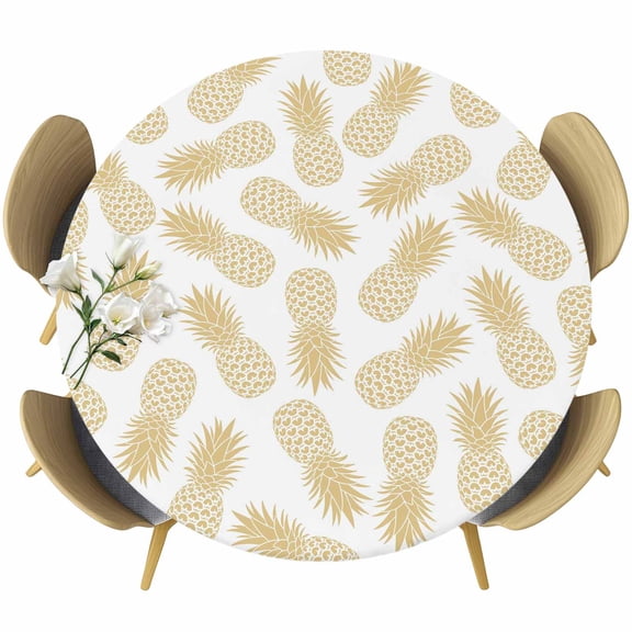 Pineapple Round Tablecloth, Fitted Table Cover with Elastic for 36"-44" Round Tables, Yellow Summer Tropical Fruit Minimalist Table Cloth Outdoor Indoor Dinning Party Waterproof Tablecloths