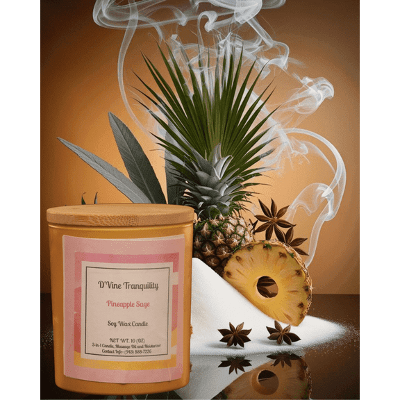 D'Vine Tranquility Solid 16 oz Pineapple Sage Scented Candle with 40 h Burn Time, Soy Wax, Cotton Wicks